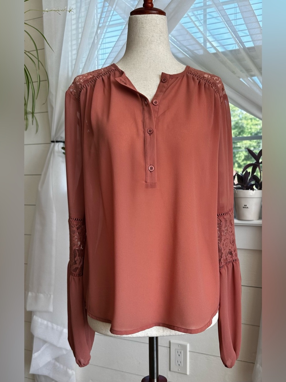Aakaa Sheer Lace-Trim Romantic Bohemian Blouse in dusty rose shade.